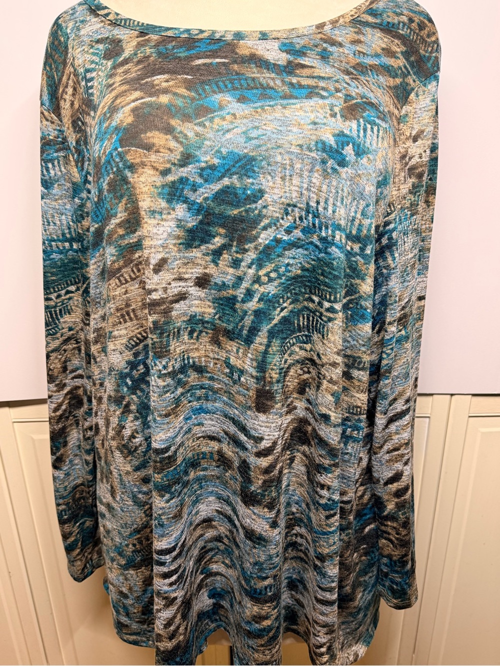 Basic Editions Woman 3X Abstract Teal Lagenlook Art To Wear Tunic Top Boho
